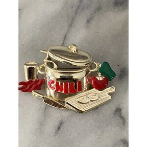 Danecraft Pot Of Chili Gold Tone Enamel Pin Brooch 2 1/2" - Cook Off Souvenir